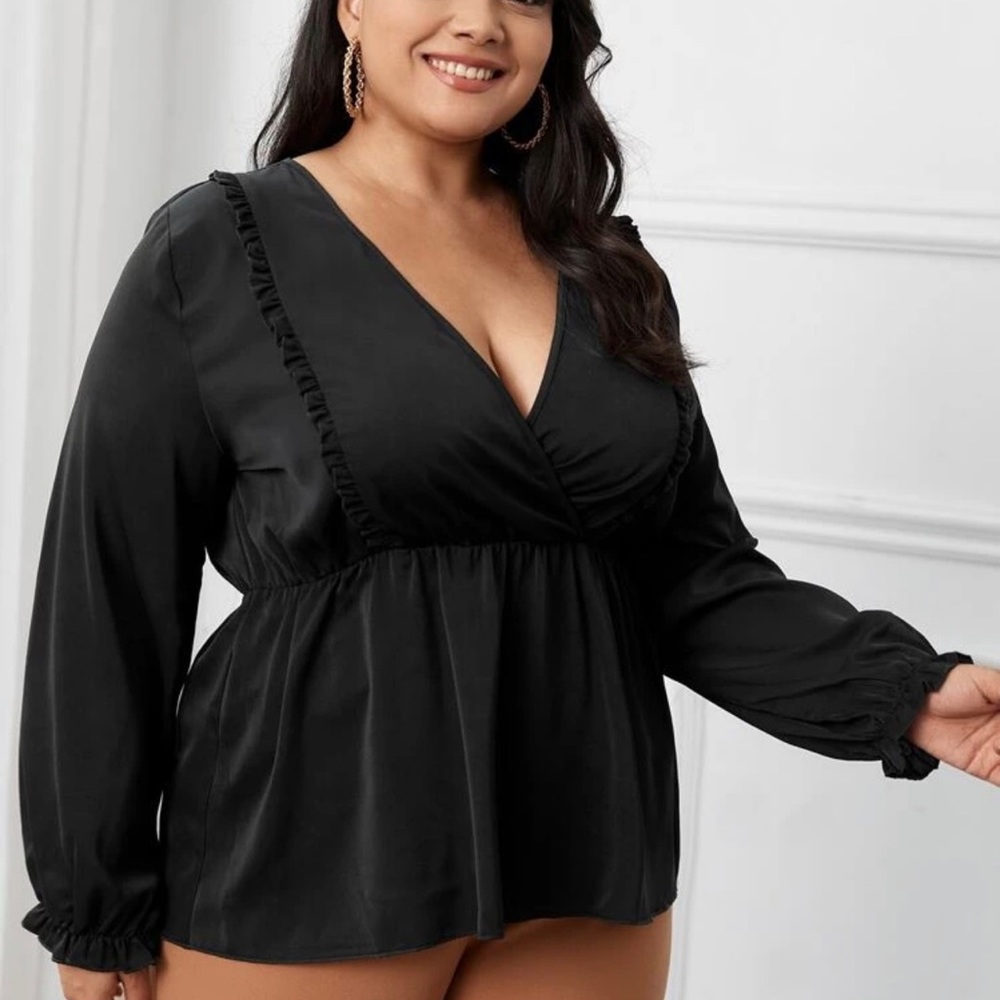 New Frill Trim Deep V-neck Peplum Blouse 0X